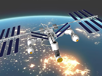 International Space Station With Solar Panels Orbiting Earth Over Illuminated Cities 3d model