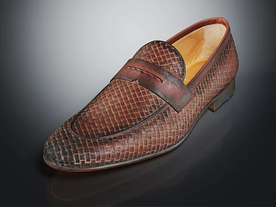 Classic Brown Leather Loafers With Snakeskin Woven Pattern And Leather Sole 3d model
