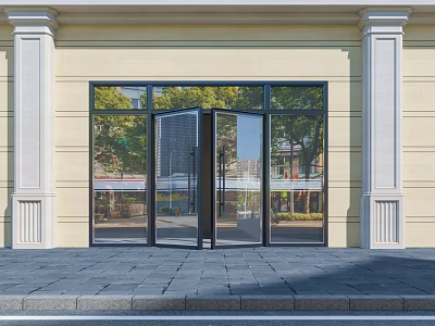 Double Swing Glass Doors with Black Frame Light Yellow Facade White Columns and Tree Reflections 3d model