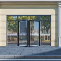 Double Swing Glass Doors with Black Frame Light Yellow Facade White Columns and Tree Reflections 3d model