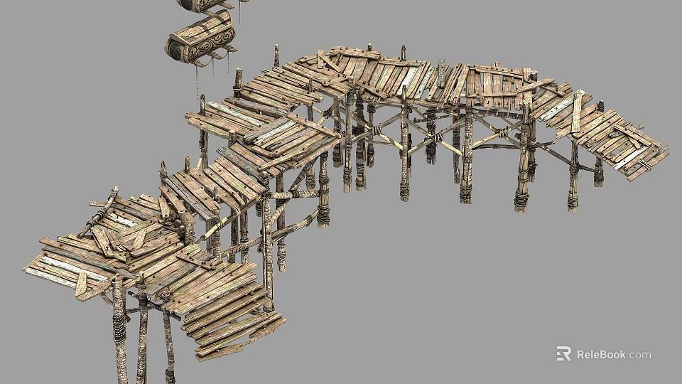 Rustic Wooden Bridge With Multiple Planks Supporting Pillars And Natural Wood Tones 3d model 