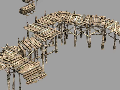 Rustic Wooden Bridge With Multiple Planks Supporting Pillars And Natural Wood Tones 3d model