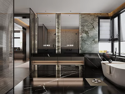 Modern Bathroom Interior With Marble Walls Double Vanities And Bathtub 3d model