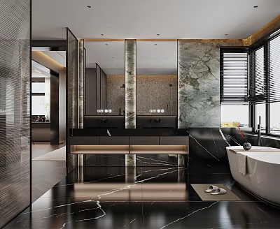 Modern Bathroom Interior With Marble Walls Double Vanities And Bathtub 3d model