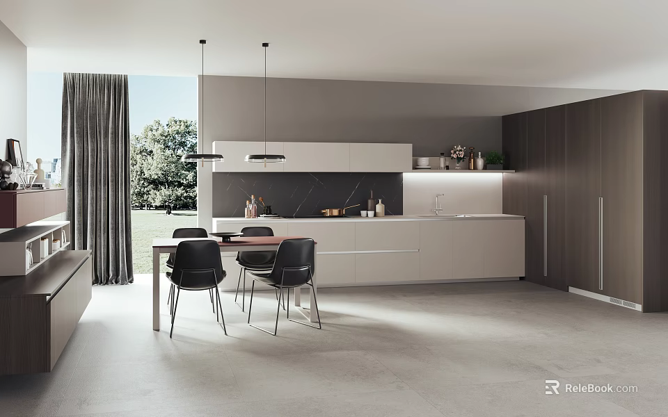Modern Kitchen Interior With Island Counter Dining Table Hanging Lights And View 3d model 