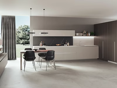 Modern Kitchen Interior With Island Counter Dining Table Hanging Lights And View 3d model
