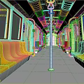 Modern Subway Car Interior With Orange Yellow Seats Handrails And Windows
