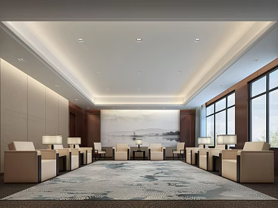 Modern Hotel Public Lounge Area With Neatly Arranged Beige Sofas Landscape Painting And Large Windows 3d model