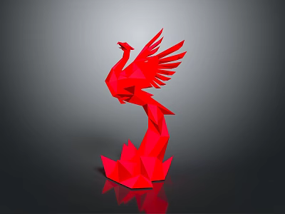 Geometric Red Phoenix Sculpture With Flame Base And Modern Design Elements 3d model
