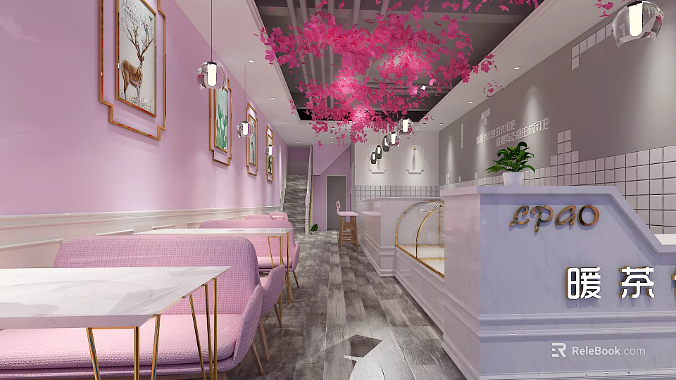Bubble Tea Shop With Pink Cherry Blossom Decor Pink Walls Sofa Seats And White Counter 3d model 