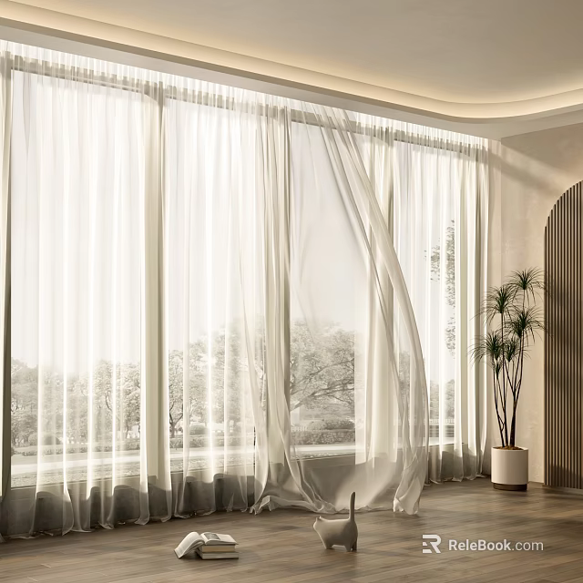 White Sheer Curtains With Sunlight Filtering Through Modern Minimalist Interior And Potted Plant 3d model 
