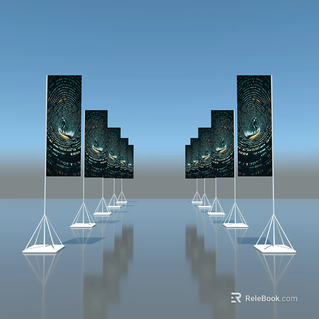 Vertical Banner Stands With Patterned Designs Arranged In Rows On Shiny Floor Against Blue Sky 3d model 