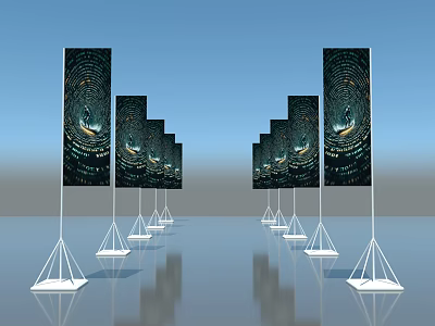 Vertical Banner Stands With Patterned Designs Arranged In Rows On Shiny Floor Against Blue Sky 3d model