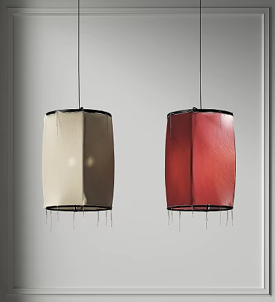Modern Square Shaped Pendant Lights in Beige and Red Fabric on White Background 3d model