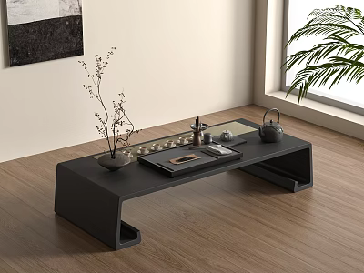 Modern Minimalist Tea Set On Black Tea Table With Decorative Plant And Accessories 3d model