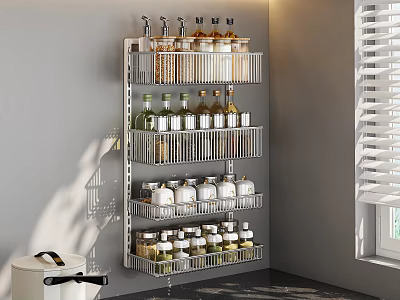 Neatly Arranged Spice Bottles On Wall Mounted Kitchen Rack With Multiple Shelves 3d model