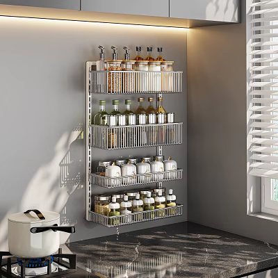 Neatly Arranged Spice Bottles On Wall Mounted Kitchen Rack With Multiple Shelves 3d model