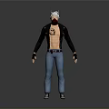 Man With White Horns Red Mask Skull Tattoo Black Leather Jacket And Blue Jeans