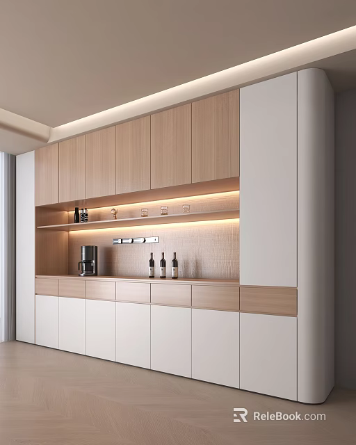 Modern Light Wood And White Sideboard Cabinet With Open Shelves LED Lighting Coffee Machine Wine Bottles 3d model 