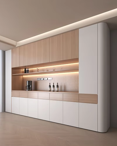 Modern Light Wood And White Sideboard Cabinet With Open Shelves LED Lighting Coffee Machine Wine Bottles 3d model