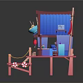 Cartoon Scene With Cute House Blue Roof Red Platform Lanterns Small Tables Chairs Flag Decorations