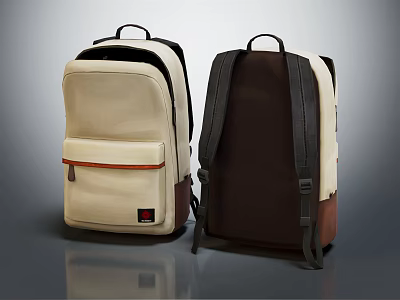 Beige Backpack With Front Pocket And Dark Brown Straps Front Back View 3d model
