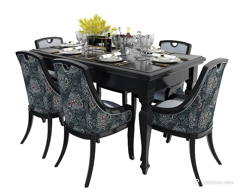 Black Dining Table Set With Patterned Chairs Tableware Wine Glasses And Flower Vase 3d model