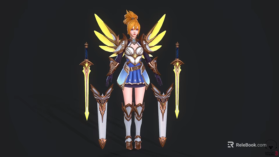 Game Character With Golden Hair Yellow Wings Blue And White Armor Outfit And Long Swords 3d model 