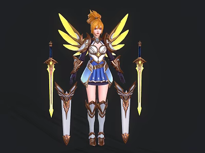 Game Character With Golden Hair Yellow Wings Blue And White Armor Outfit And Long Swords 3d model