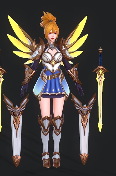 Game Character With Golden Hair Yellow Wings Blue And White Armor Outfit And Long Swords 3d model