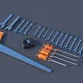 Blue Orange Hardware Tools With Wrenches Tape Measure Saw Screwdrivers Arranged Neatly On Gray Background