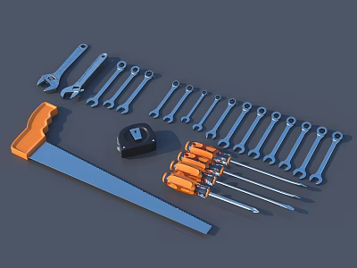 Blue Orange Hardware Tools With Wrenches Tape Measure Saw Screwdrivers Arranged Neatly On Gray Background 3d model