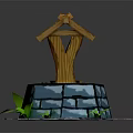 Traditional Well Structure With Wooden Roof Stone Paving And Green Grass Decor