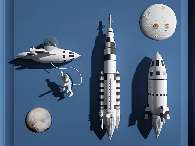 Space Themed Wall Decor With Rocket Models Astronaut Figure And Planets 3d model