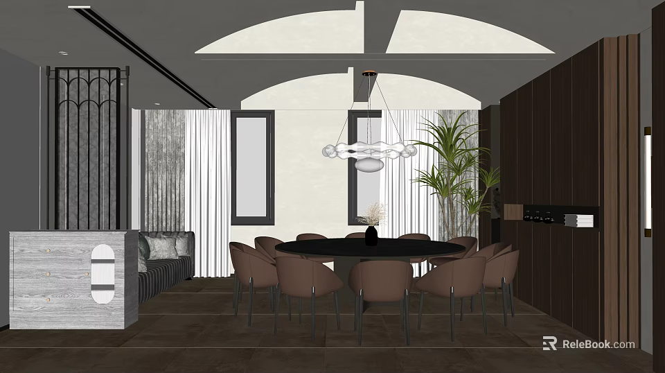Modern Private Dining Room Interior With Dining Table Chairs Chandelier And Plant 3d model 