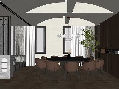 Modern Private Dining Room Interior With Dining Table Chairs Chandelier And Plant 3d model