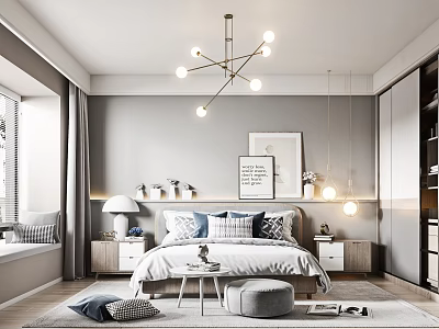 Modern Minimalist Bedroom Interior Design With Bed Decorative Paintings Chandelier Nightstands And Rug 3d model