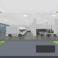 Aerial View of Logistics Warehouse with Global Logistics Truck Vans Workstations and Yellow Marked Areas