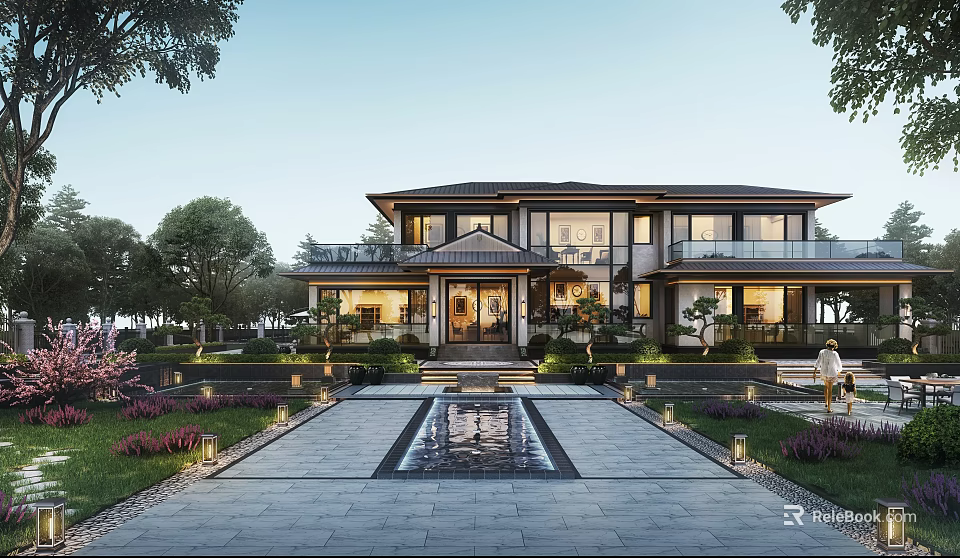Modern Detached Villa With Elegant Exterior Landscaped Courtyard And Water Pool 3d model 