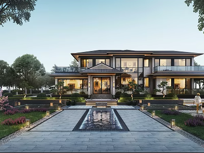Modern Detached Villa With Elegant Exterior Landscaped Courtyard And Water Pool 3d model