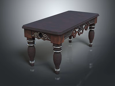 Dark Wooden Table Featuring Intricate Carved Details and White Ring Accents on Legs 3d model