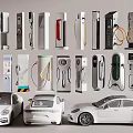 Various Types Of Electric Vehicle Chargers With White Cars Displayed