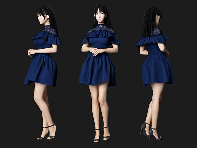 Woman in Blue Ruffle Dress with Lace Collar and Black High Heels from Three Angles 3d model
