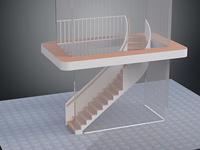 Modern Curved Staircase With Elevated Platform Wooden Steps White Railing And Glass Sides 3d model