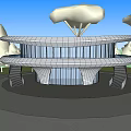 Modern Circular Architectural Building Design With Round Skylights Surrounded By Trees And Urban Backdrop
