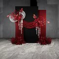 Elegant Floral Decor With Red Flowers Black Backdrop Red Drapery White Fans And Beaded Tassels