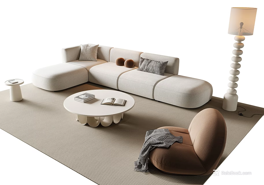 Modern L Shaped Sofa Coffee Table Set With Round Table Books Accent Chair Floor Lamp 3d model 