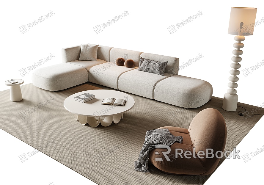 Cream Style Sofa Coffee Table Combination Multi-person Sofa Coffee Table Single Casual Chair Lazy Sofa Metal Floor Lamp Side Table Jewelry Ornaments model