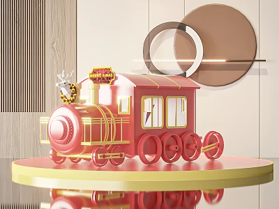 Red Inflatable Train with Golden Decorations CHO CHO Sign on Yellow Circular Platform 3d model