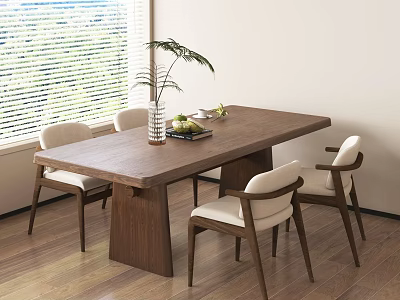 Modern Minimalist Dining Room Interior With Wooden Table Light Colored Chairs Window Blinds And Plants 3d model